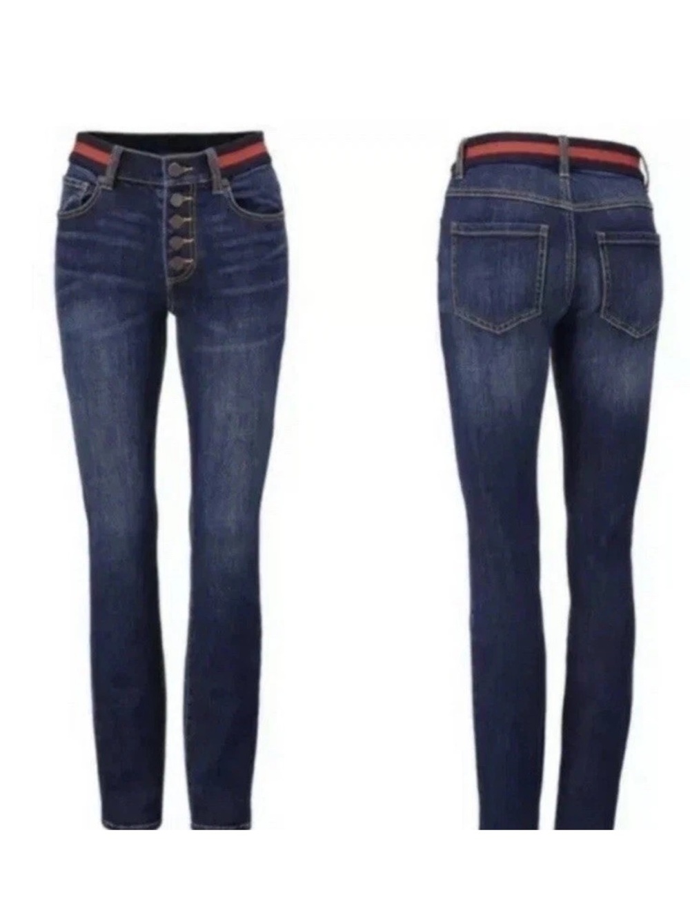 CAbi Dark Blue Skinny Jeans with Red-Trim Waistband